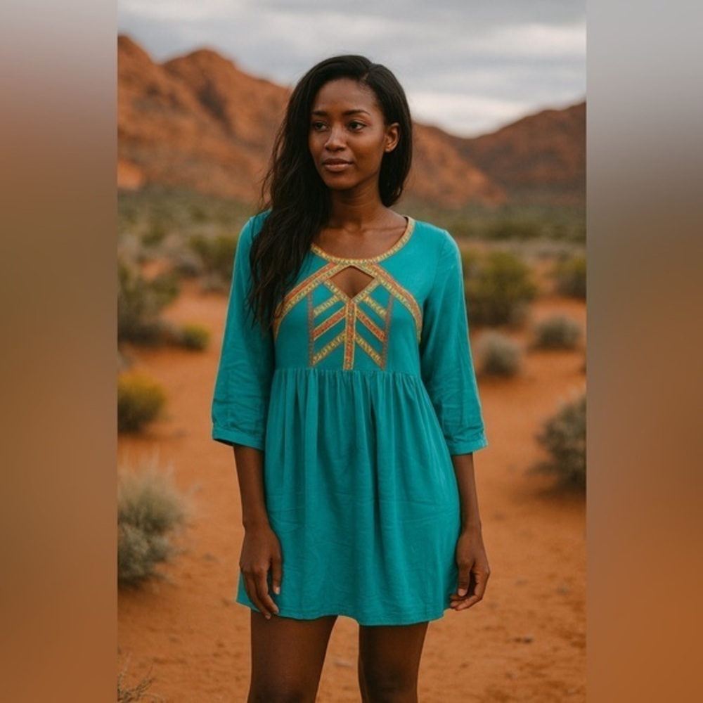Umgee Women's Teal Embroidered Bodice Bell Sleeve Tiered Tunic Dress EUC M #1182